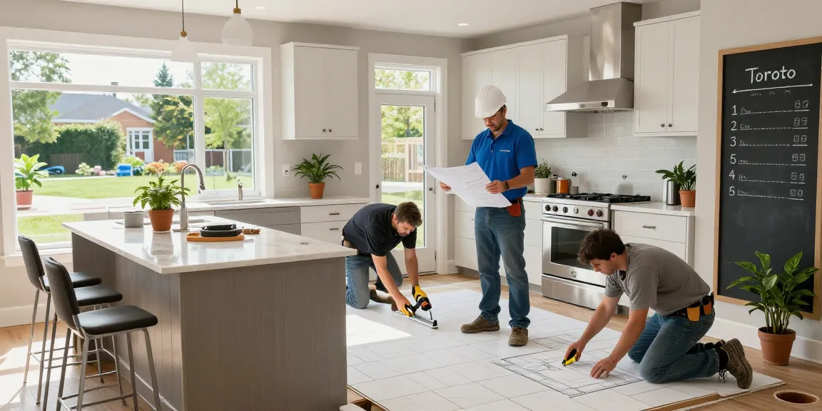 Skilled renovation contractor in Toronto supervising kitchen renovation project with team workers and stylish new design elements.