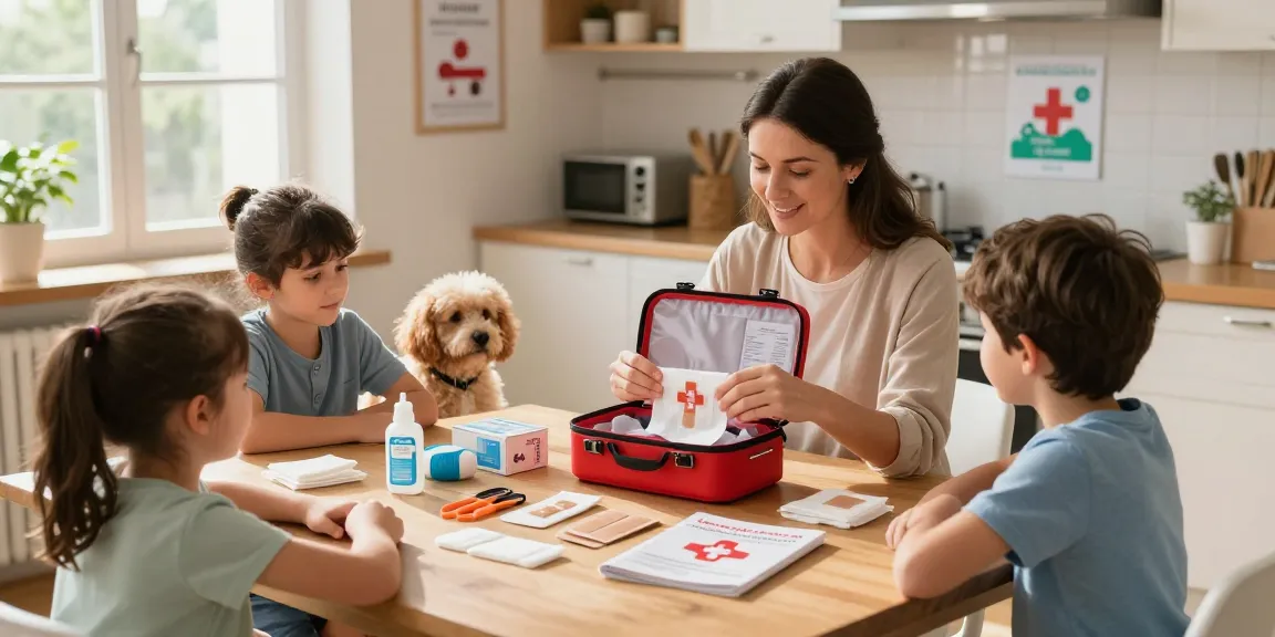 Essential basics for a family emergency with a basic first aid kit checklist laid out on a kitchen table.