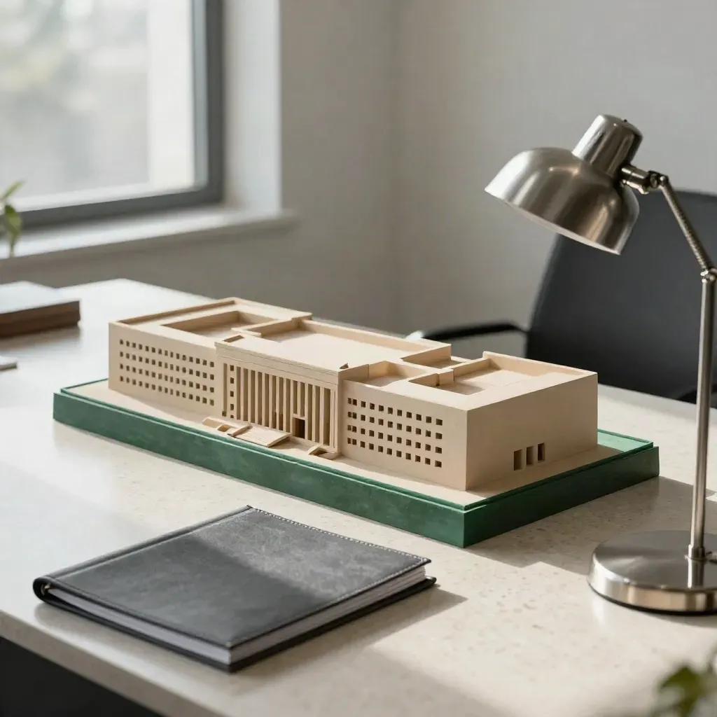 Clay model, closed folio, and brushed-metal lamp in soft morning light on an advisory desk.