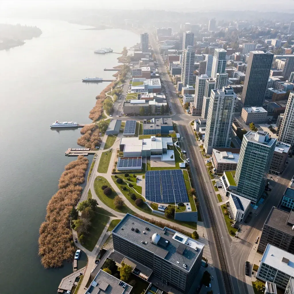 Oblique aerial of a waterfront district with rails, solar roofs, and restored shoreline