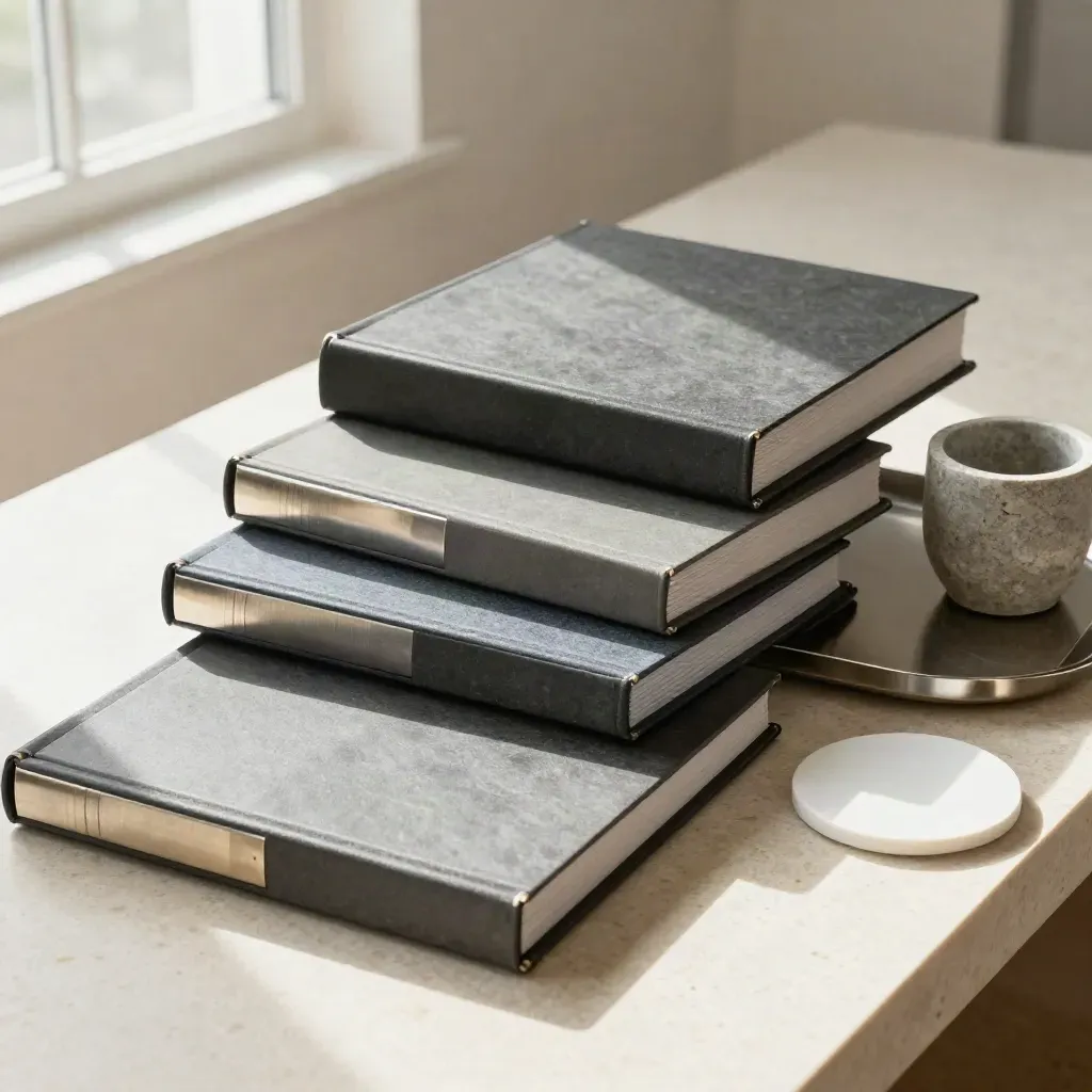 Slate binders, metal tray and stone cup on travertine with soft daylight.
