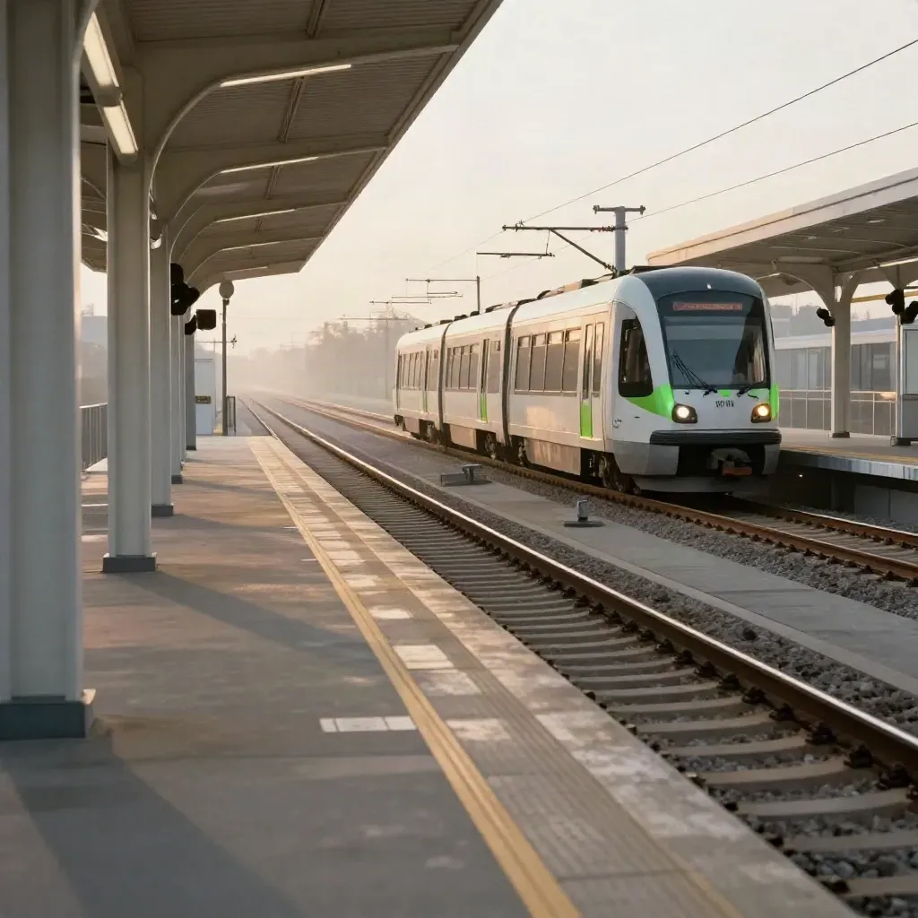 Empty LRT station as a train curves through morning haze, lit by first light.