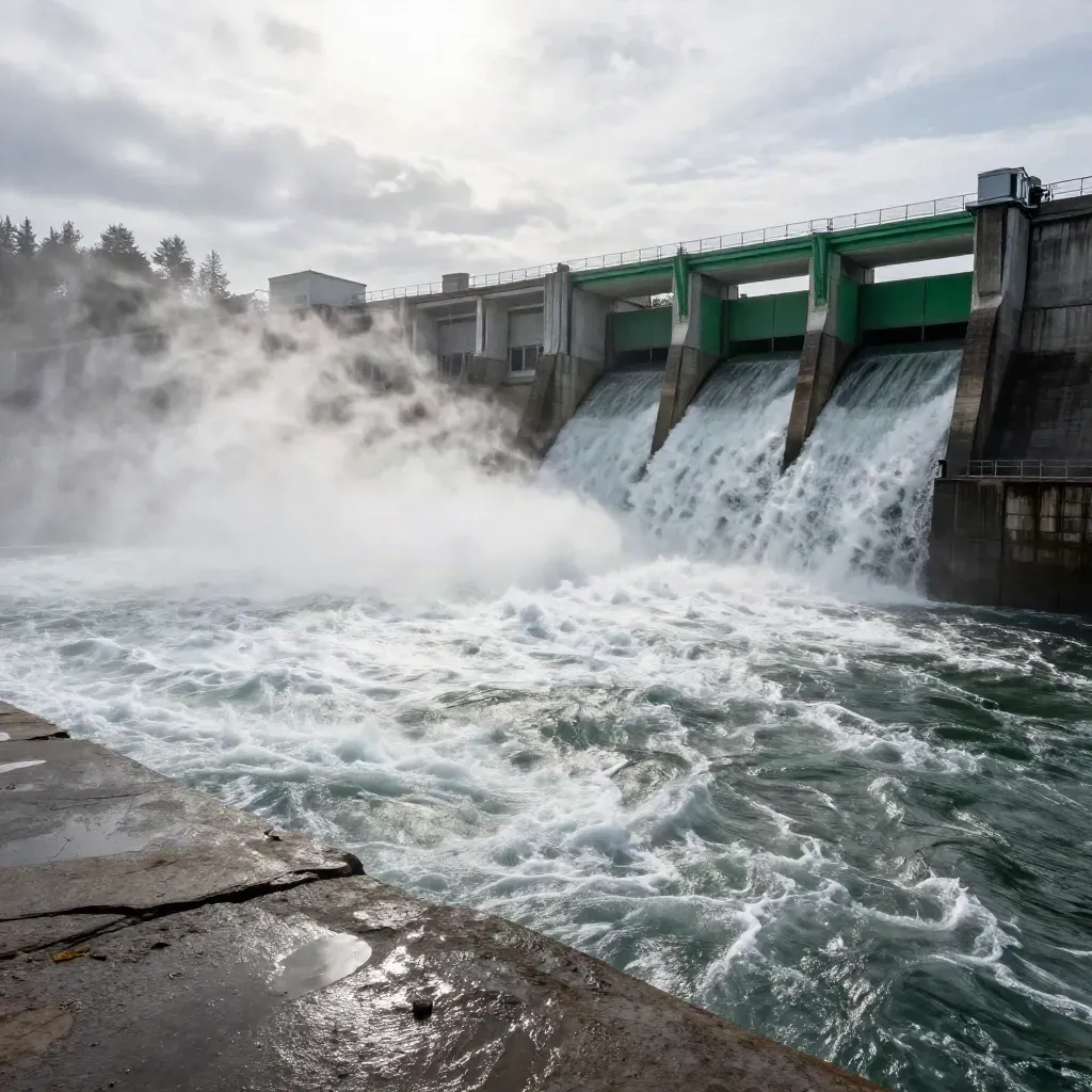 Hydroelectric dam spilling white water into a river, seen low from the bank in mist and overcast light.