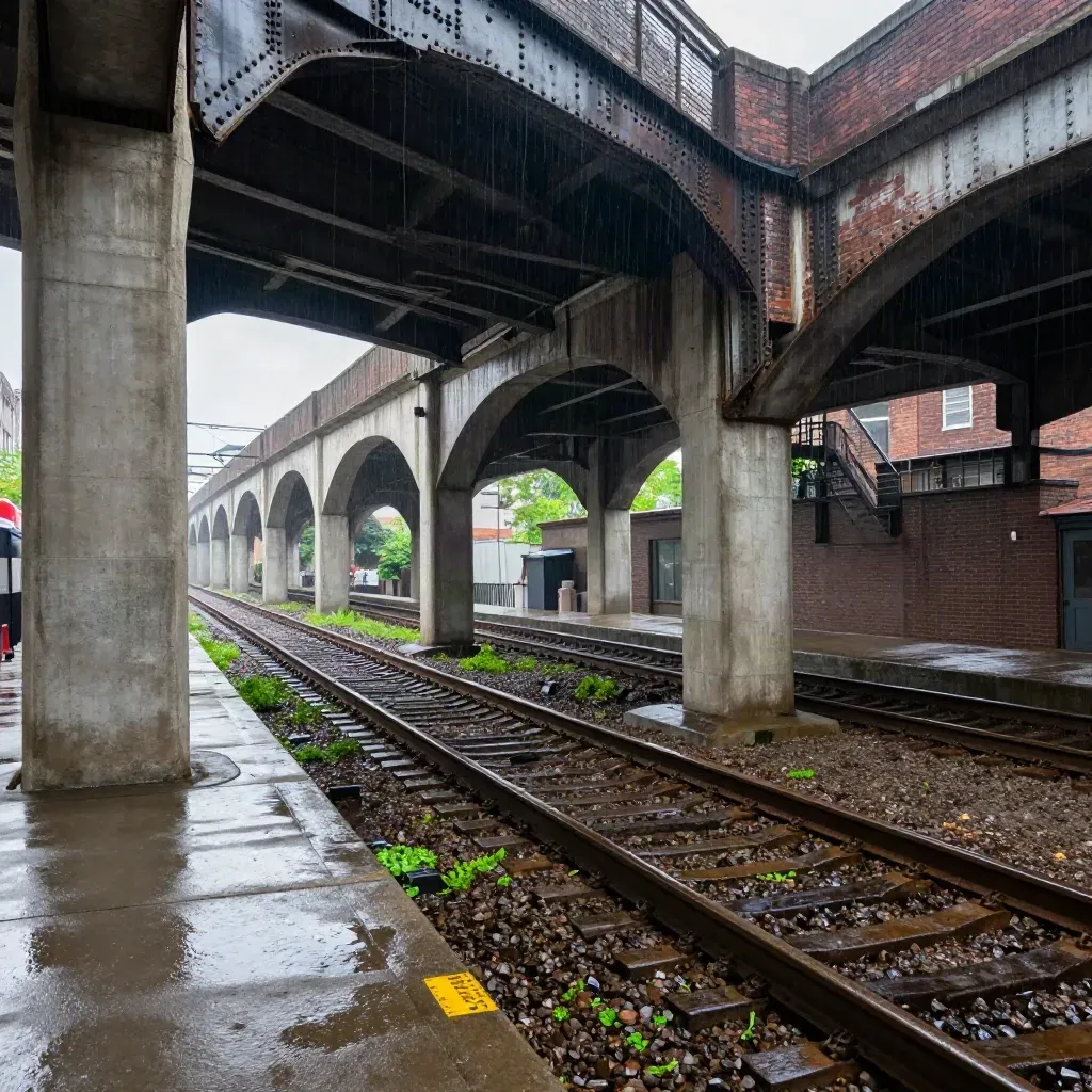 Wet Montreal viaduct and rail corridor after rain, glowing under a gray sky.