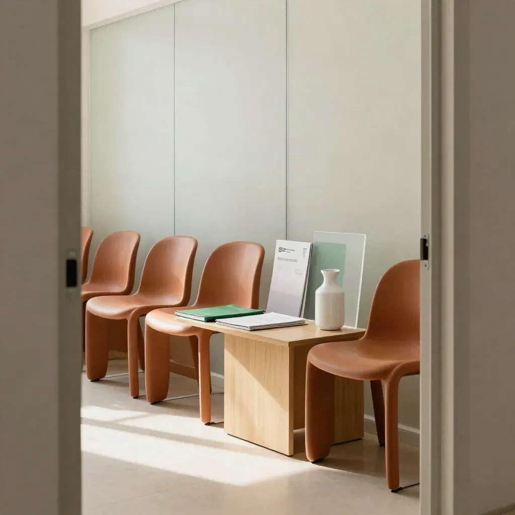 Empty green bond consultation room with chairs, folders, and a softly lit glass wall.