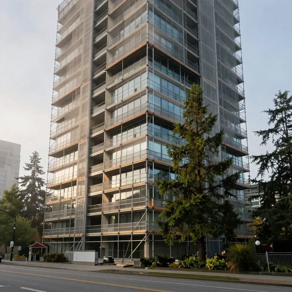Vancouver tower retrofit behind scaffolding and cedar trees in sea mist.