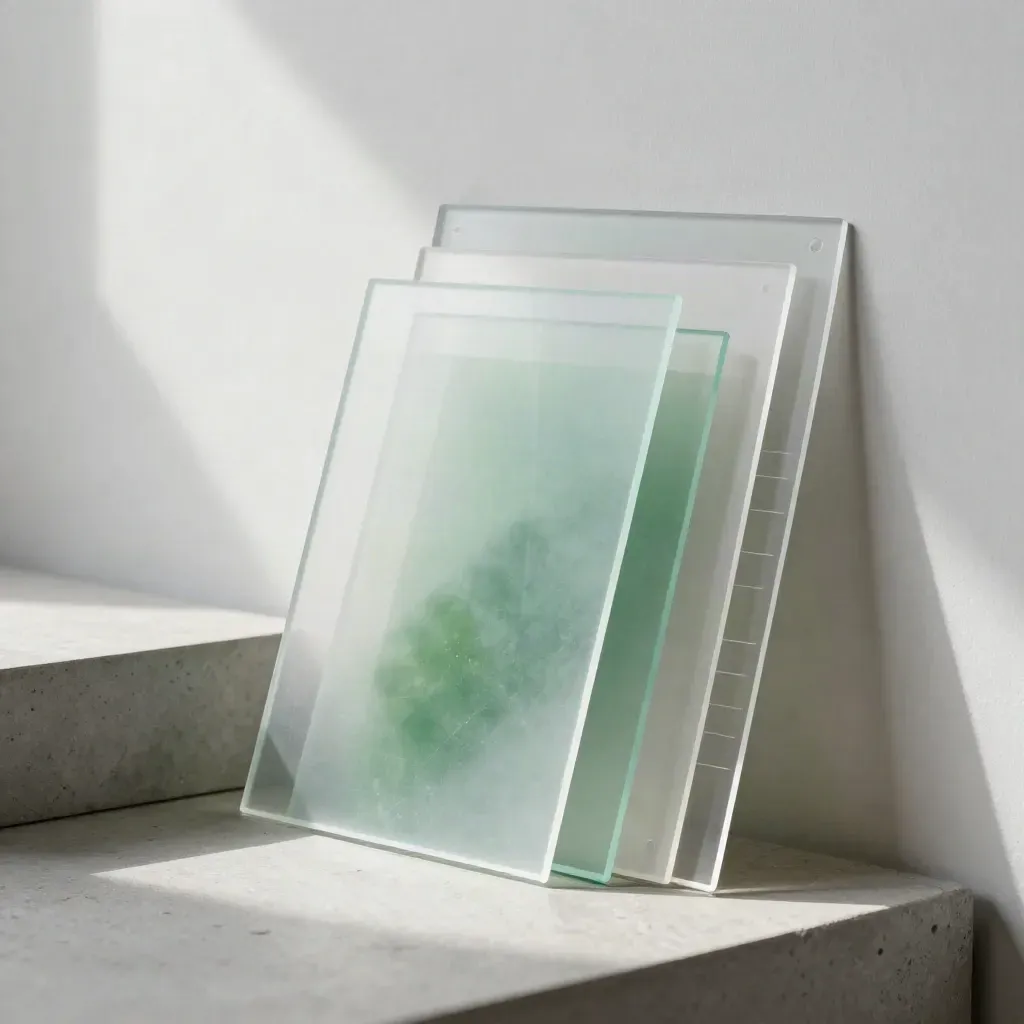 Translucent impact review sheets and mineral swatches in soft daylight against a blurred wall.