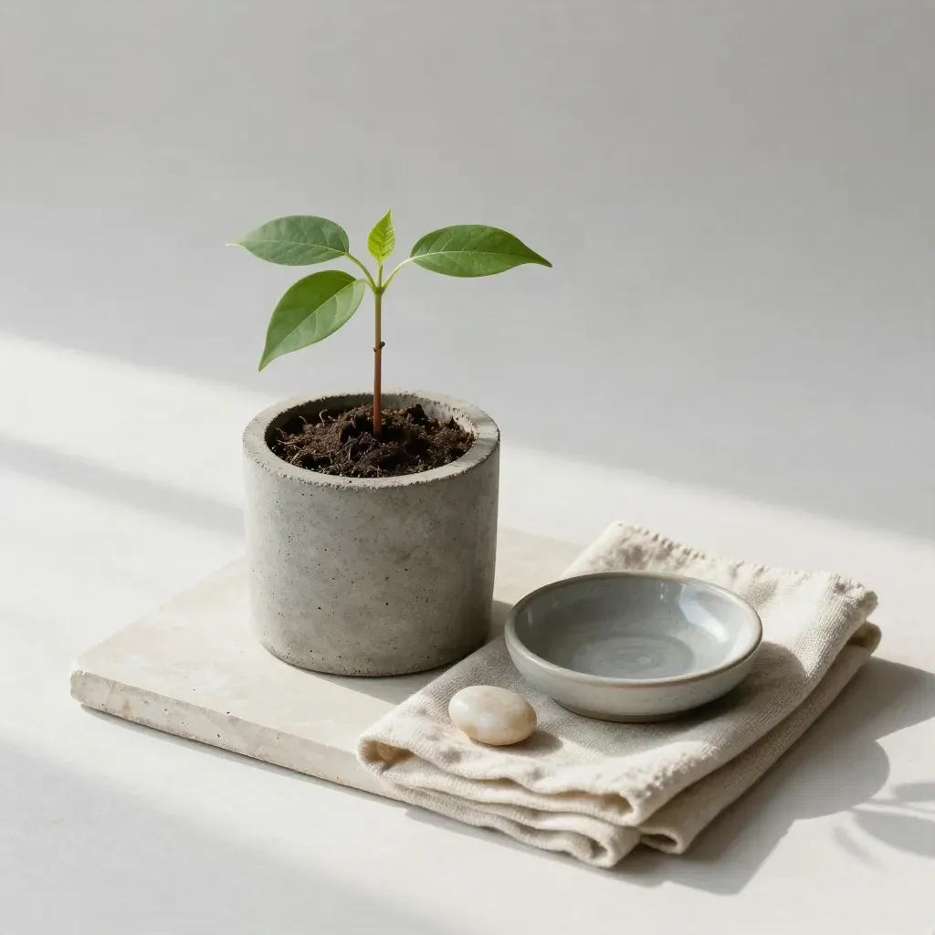 Sapling in concrete cup with linen cloth, ceramic dish, and pebble on pale plaster